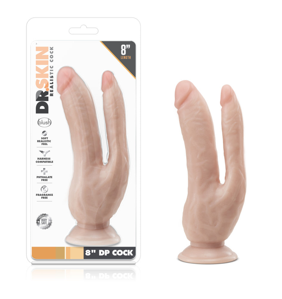 Dr. Skin | Vanilla 8-Inch Long Double Penetration Cock With Suction Cup Base