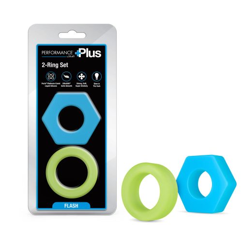 Performance Plus | Flash 2 Cock Ring Set – Glow In The Dark – Platinum-Cured Liquid Silicone – In Neon